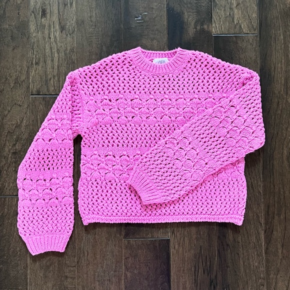 Zara Girls Bright Pink kids Open Knit cropped Crewneck Sweater 10/12 13/14 - Picture 13 of 17